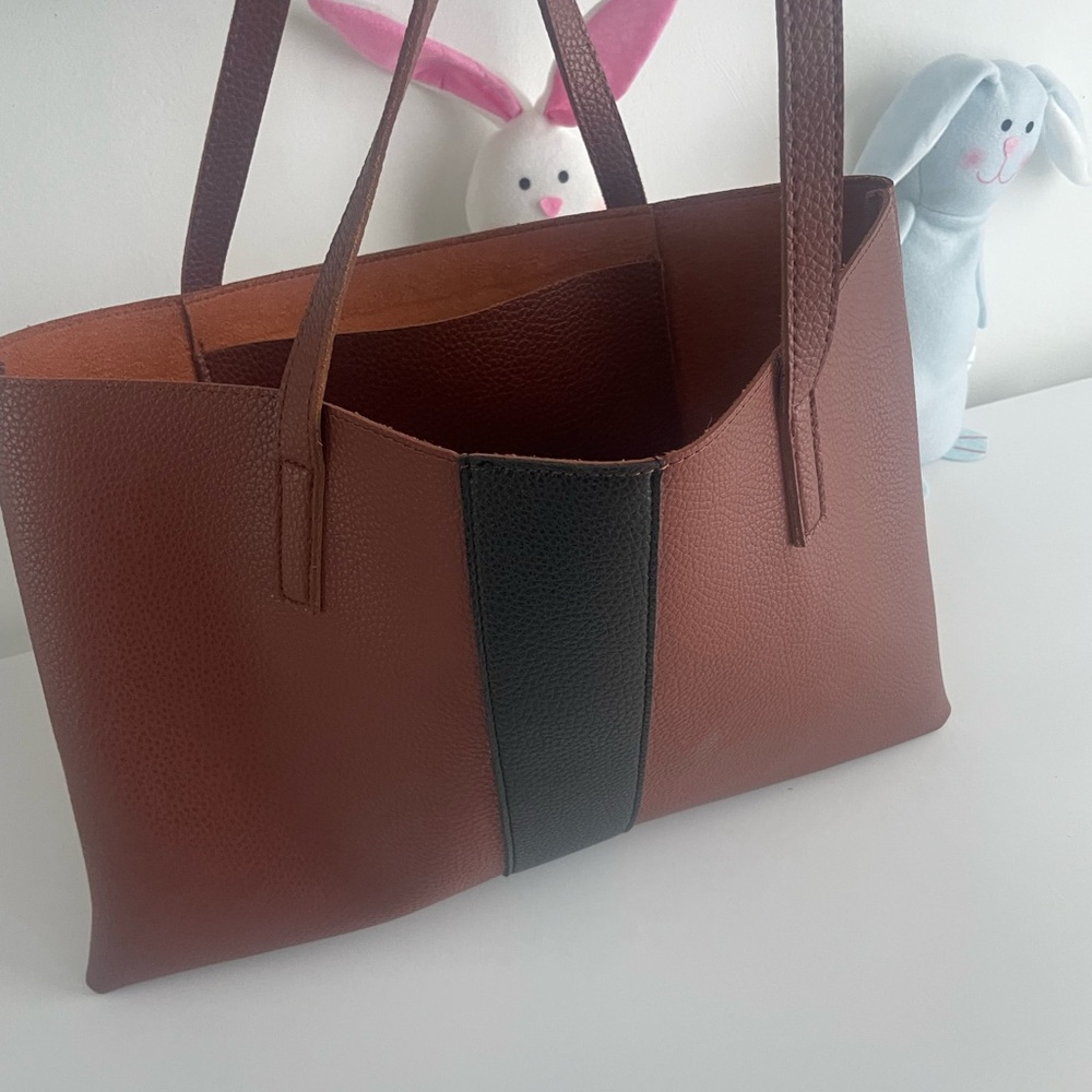 Elegant Brown and Black Leather Tote Bag